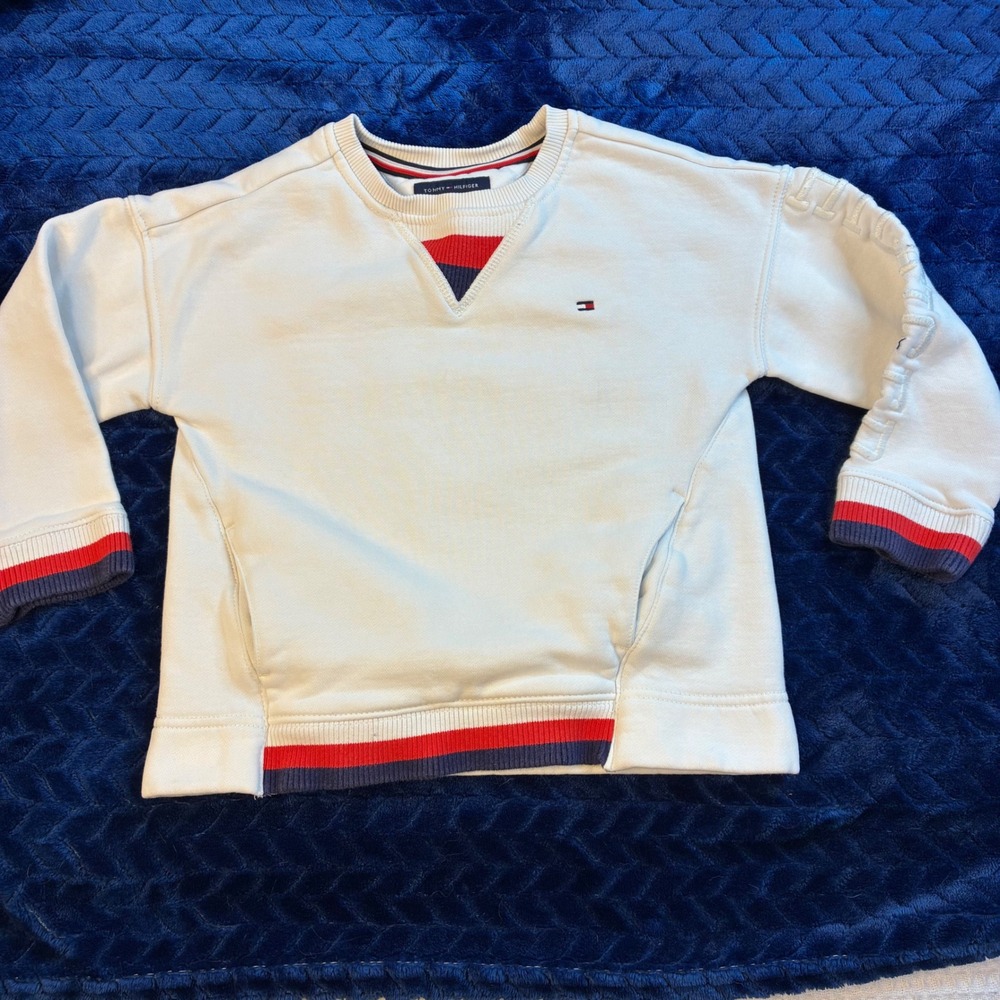 Tommy Hilfiger Kids‎ White Crew Neck Sweatshirt Striped Trim XS 4-5